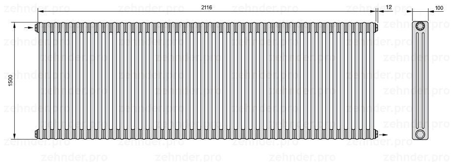 Схема (чертеж) Радиатор Zehnder Charleston 3150/46 №1670 Белый глянцевый RAL 9016